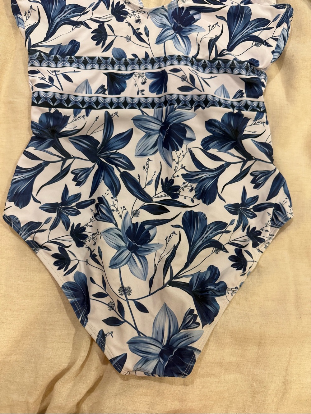 Blue & White Floral Matching Swim Set – M - 1-Piece Swimsuit + Maxi Cover-Up - Picture 11 of 12